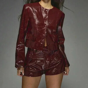 Burgundy Casual Women's Faux Leather Buttoned Round Neck Long Sleeves Jacket